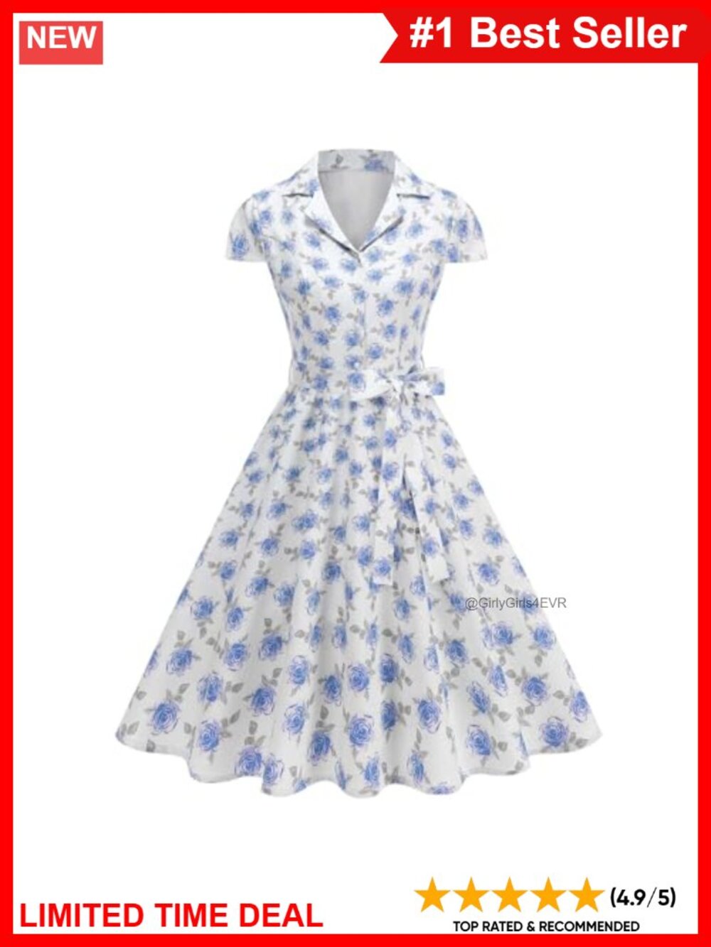 1950s Vintage Floral Midi Dress Cap Sleeve A Line Swing with Belt